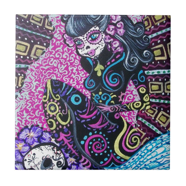 Day of the Dead Retro Mermaid Ceramic Tile (Front)