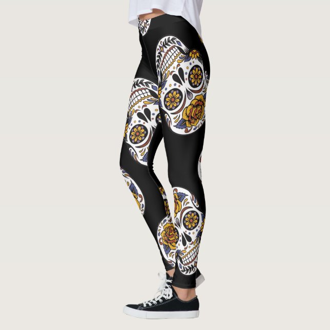 Day of the dead rose skull Halloween pattern Leggings (Left)