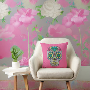 Day of the Dead Roses and Crysl Skull on Pink  Cushion
