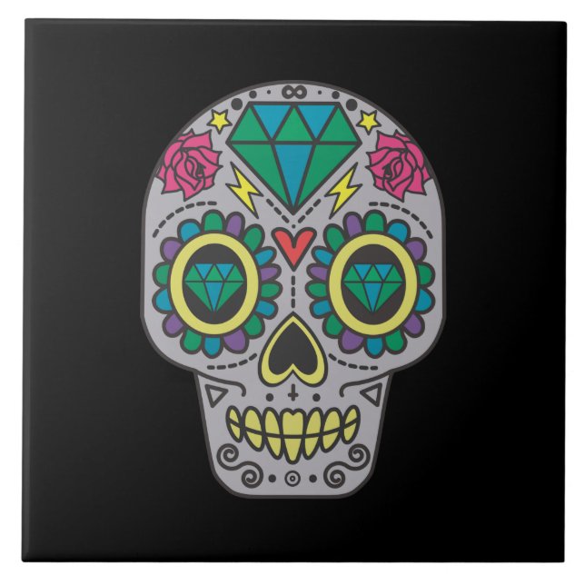 Day of the Dead Roses and Crystal Skull on Black Ceramic Tile (Front)