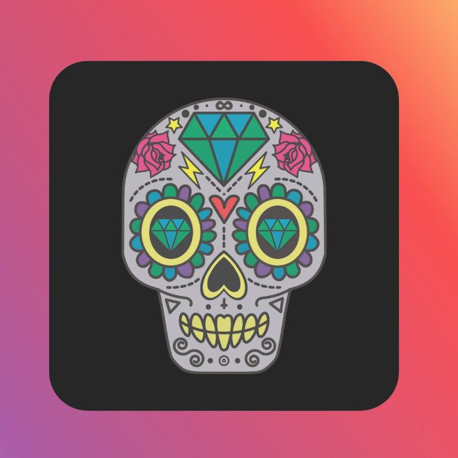 Day of the Dead Roses and Crystal Skull on Black S Square Sticker (Creator Uploaded)