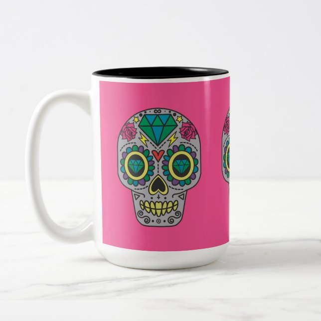 Day of the Dead Roses and Crystal Skulls on Pink Two-Tone Coffee Mug (Left)