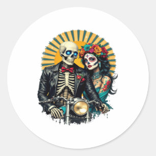 Day of the Dead Skeleton Couple Bikers Classic Round Sticker