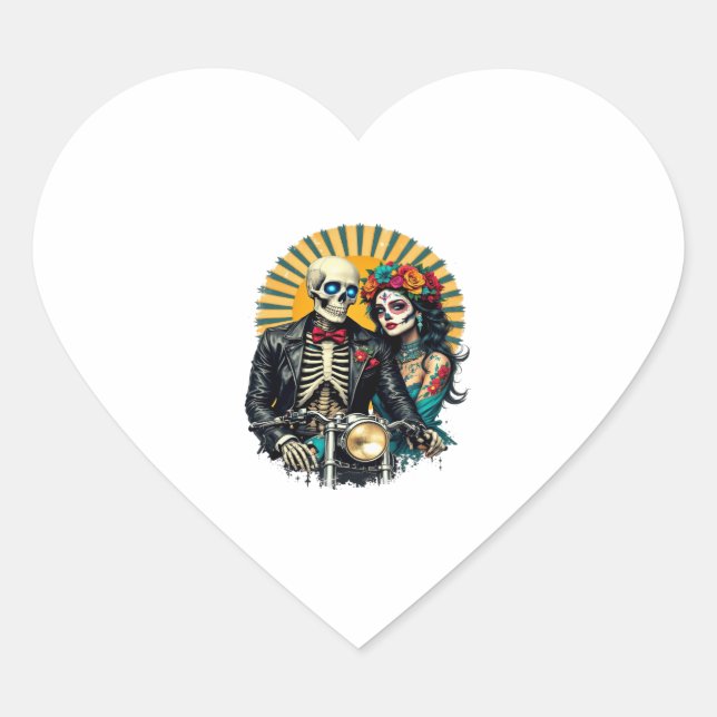 Day of the Dead Skeleton Couple Bikers Heart Sticker (Front)