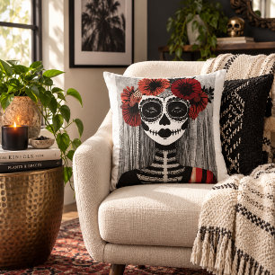 Day of the Dead Skeleton Woman with Red Flowers Cushion