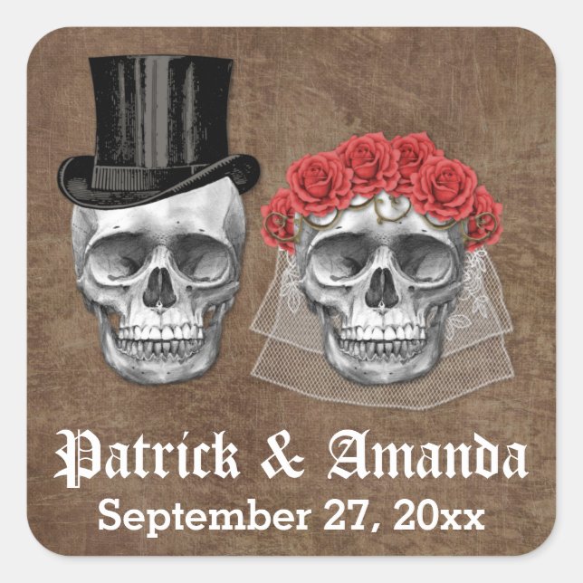 Day of the Dead Skull Couple Wedding Favour Square Sticker (Front)