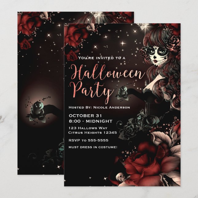 Day of the Dead Skull Girl Red Halloween Party Invitation (Front/Back)