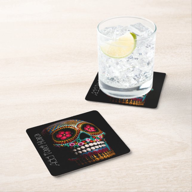 Day of the Dead Skull Square Paper Coaster (Insitu)