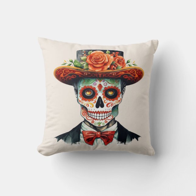 Day of the Dead Skull Throw Pillow (Front)