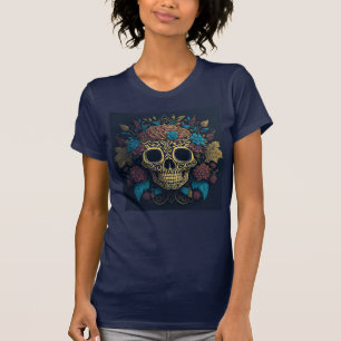 Day of the Dead Skull Turquoise Navy Blue Women's T-Shirt