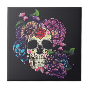 Day of the dead skull with flowers ceramic tile