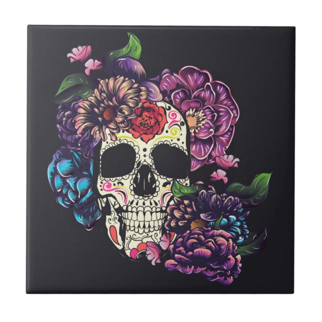 Day of the dead skull with flowers ceramic tile (Front)