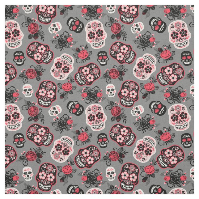 Day of the Dead Skulls Rose & Grey Fabric (Swatch)