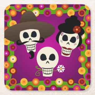 Day Of The Dead Skulls Square Paper Coaster