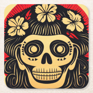 Day of the Dead Sugar Skull 1 Square Paper Coaster