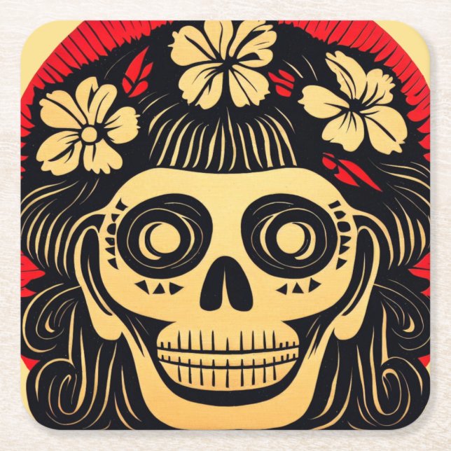 Day of the Dead Sugar Skull 1 Square Paper Coaster (Front)