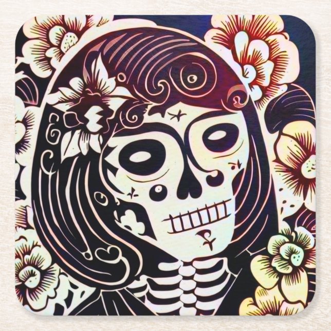 Day of the Dead Sugar Skull 2 Square Paper Coaster (Front)