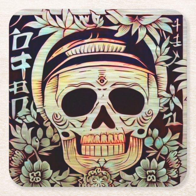 Day of the Dead Sugar Skull 3 Square Paper Coaster (Front)