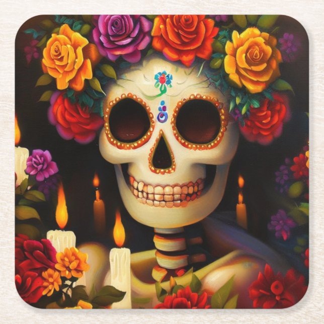 Day of the Dead Sugar Skull 3 Square Paper Coaster (Front)