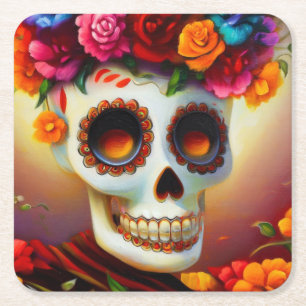 Day of the Dead Sugar Skull 4 Square Paper Coaster