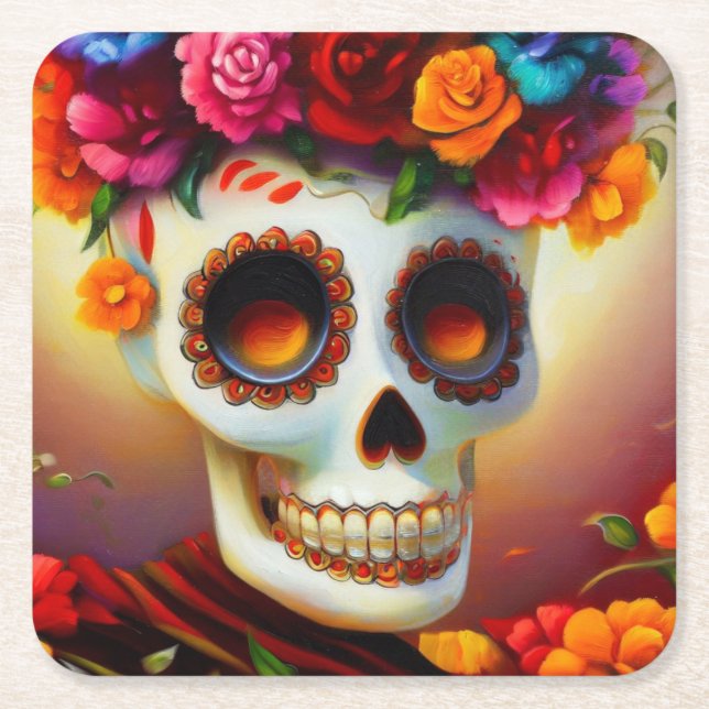 Day of the Dead Sugar Skull 4 Square Paper Coaster (Front)