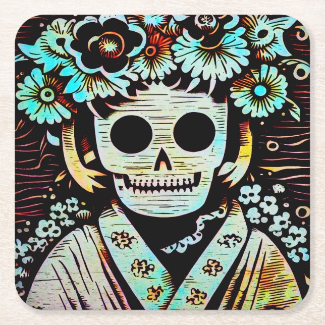 Day of the Dead Sugar Skull 4 Square Paper Coaster (Front)