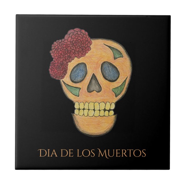 Day of the Dead Sugar Skull Black Gold Ceramic Tile (Front)
