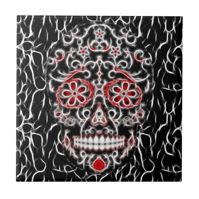 Day of the Dead Sugar Skull - Black, White & Red Ceramic Tile (Front)