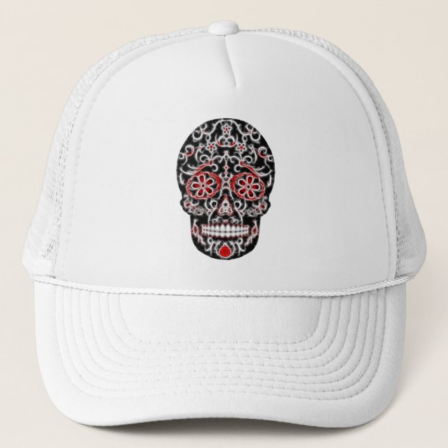 Day of the Dead Sugar Skull - Black, White & Red Trucker Hat (Front)