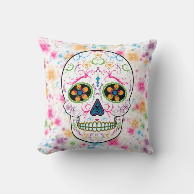 Day of the Dead Sugar Skull - Bright Multi Colour Cushion (Front)