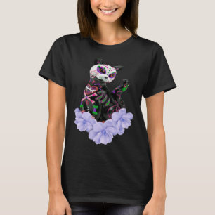 Day Of The Dead Sugar Skull Cat Purple Flowers Pul T-Shirt