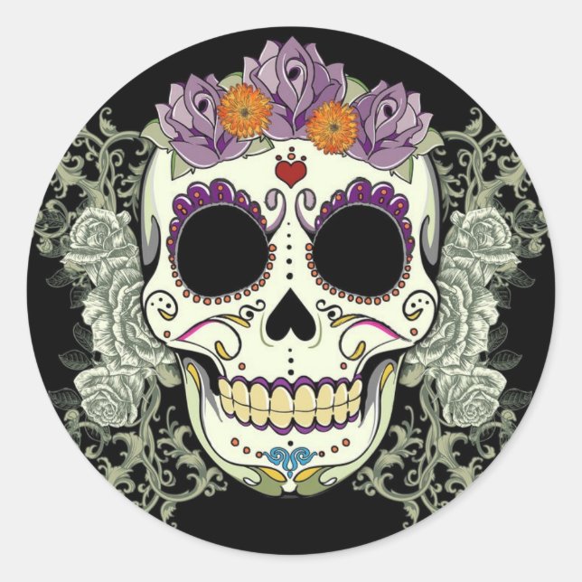 DAY OF THE DEAD SUGAR SKULL CLASSIC ROUND STICKER (Front)