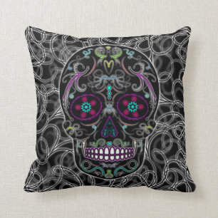 Day of the Dead Sugar Skull - Colourfully Black Cushion