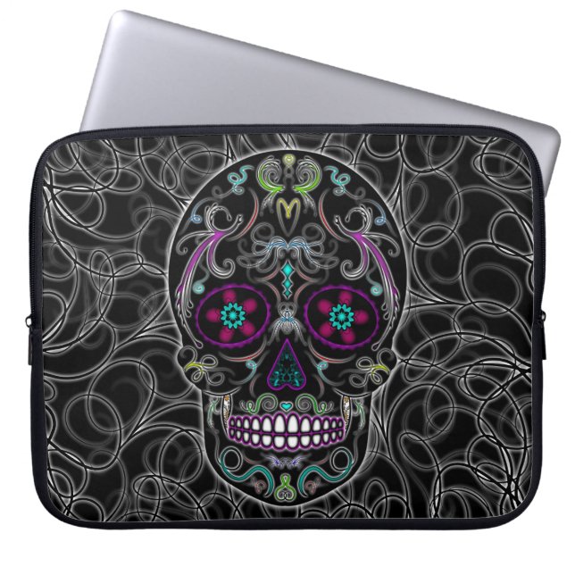 Day of the Dead Sugar Skull - Colourfully Black Laptop Sleeve (Front)