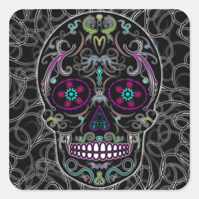 Day of the Dead Sugar Skull - Colourfully Black Square Sticker (Front)