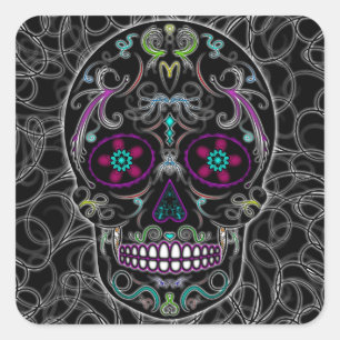 Day of the Dead Sugar Skull - Colourfully Black Square Sticker