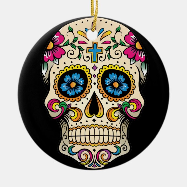 Day of the Dead Sugar Skull Cross Ornament Round (Front)