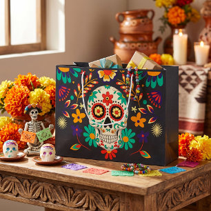 Day of the Dead Sugar Skull Floral Black Large Gift Bag