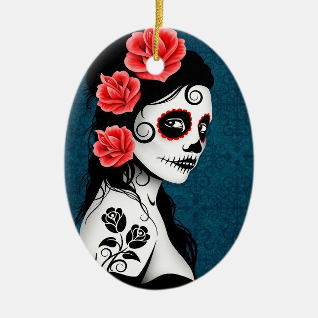 Day of the Dead Sugar Skull Girl - blue Ceramic Ornament (Front)