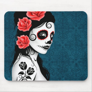 Day of the Dead Sugar Skull Girl - blue Mouse Pad