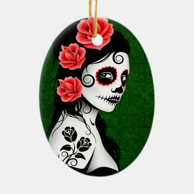 Day of the Dead Sugar Skull Girl - green Ceramic Ornament (Back)