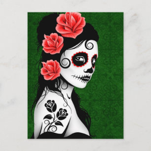 Day of the Dead Sugar Skull Girl - Green Postcard
