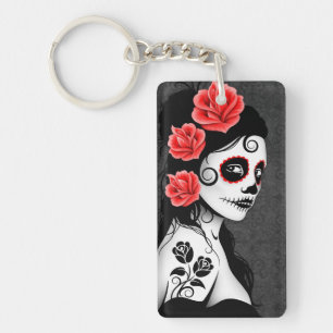 Day of the Dead Sugar Skull Girl - grey Key Ring