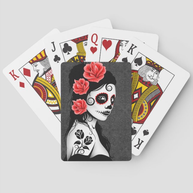 Day of the Dead Sugar Skull Girl - grey Playing Cards (Back)
