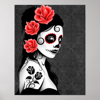 Day of the Dead Sugar Skull Girl - Grey Poster