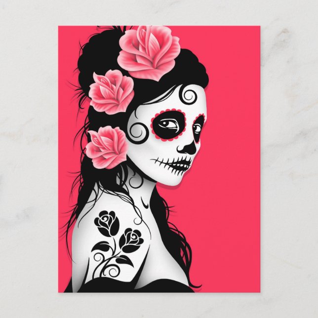 Day of the Dead Sugar Skull Girl - Pink Postcard (Front)