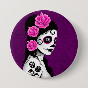 Day of the Dead Sugar Skull Girl - purple 7.5 Cm Round Badge
