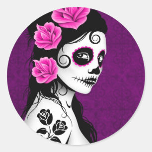 Day of the Dead Sugar Skull Girl - purple Classic Round Sticker