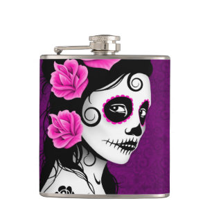 Day of the Dead Sugar Skull Girl - Purple Hip Flask