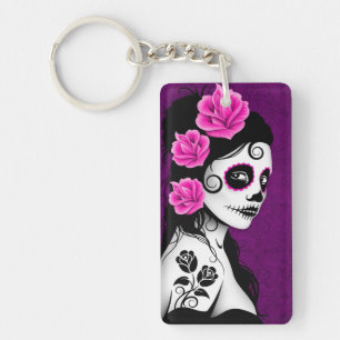 Day of the Dead Sugar Skull Girl - purple Key Ring